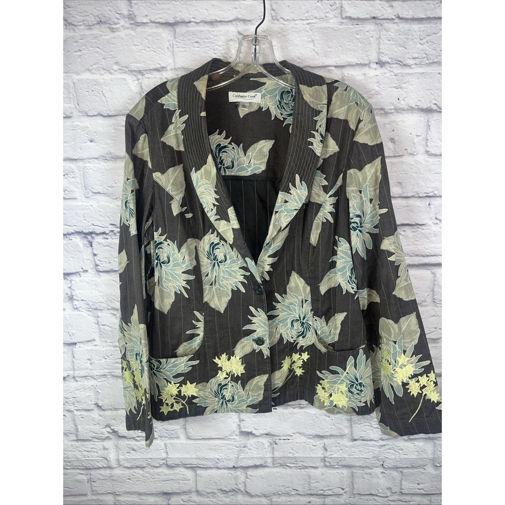 Coldwater Creek Women's Cottagecore Linen Floral Embroidered Blazer Size Large